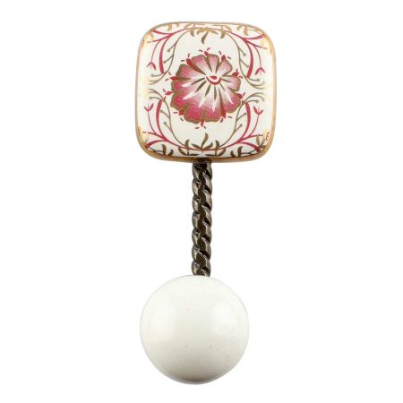 Pink Flower Square Ceramic Wall Hook in Antique Fitting 